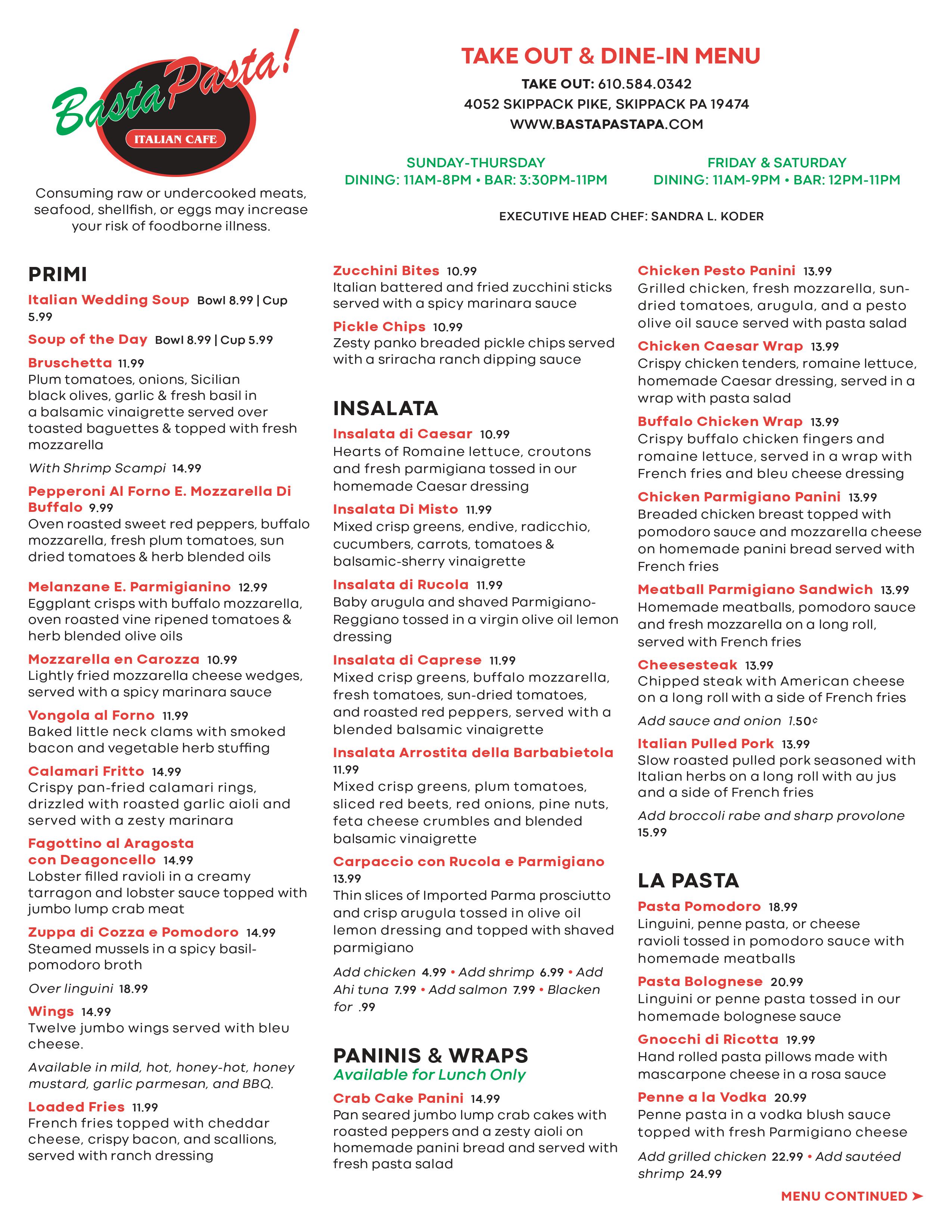 Happy Hour Menu - Basta Pasta