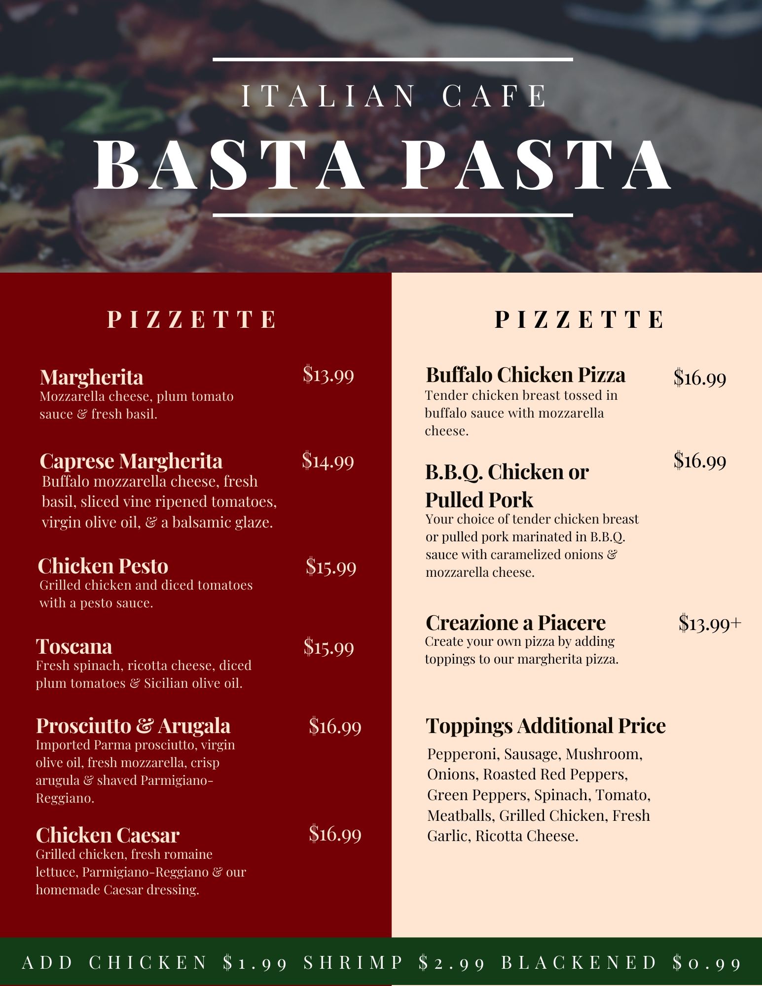 Food Menu - Basta Pasta